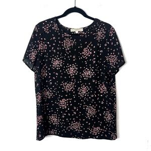 LOFT Black Floral Polyester Pink Blossoms Blouse Top Medium
